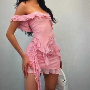 Off-Shoulder Pink Ruffle Mini Dress with Pink Floral Print Floral Embroidered